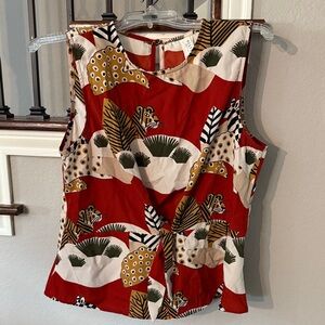 Sleeveless Red Printed Tie-Front Blouse
